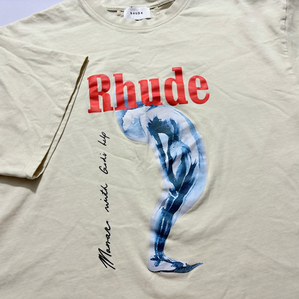 Rhude T-Shirt Mens Large Logo Graphic Print Cream Short Sleeve 100% Cotton USA